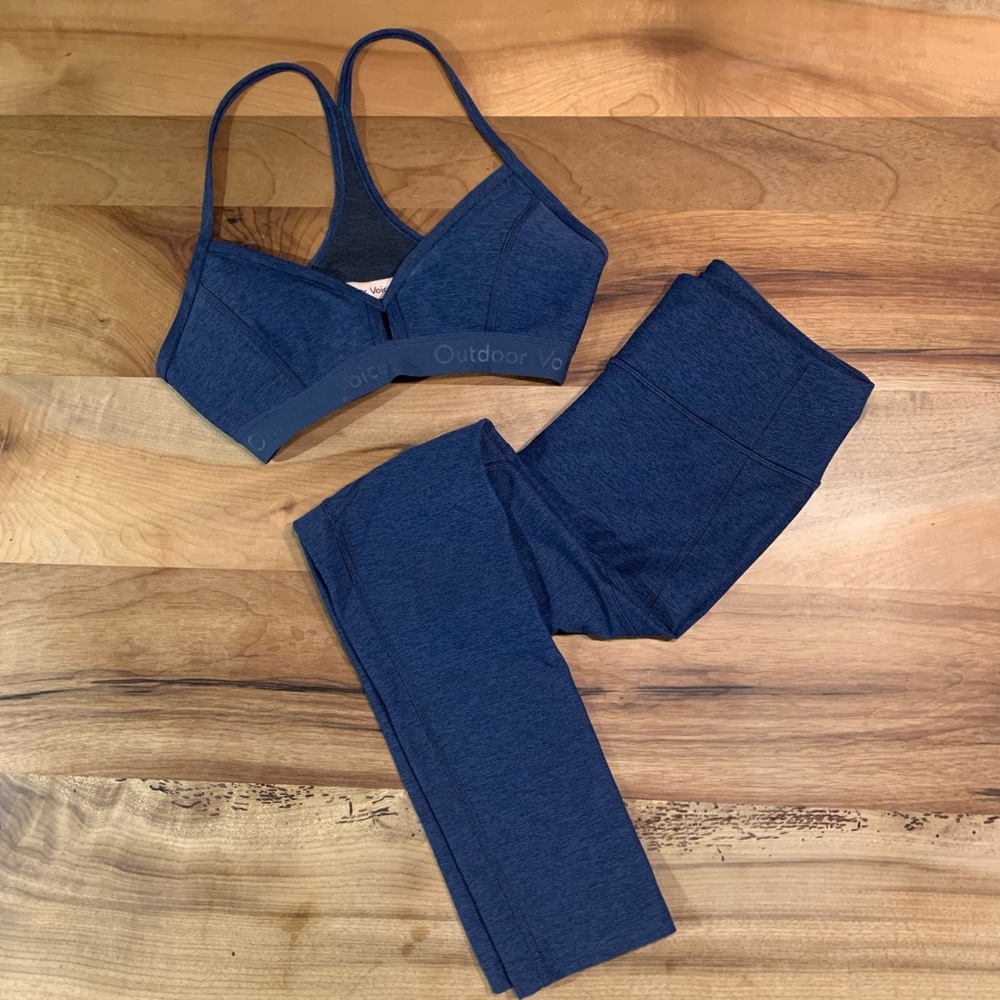 Outdoor Voice steeplechase bra XS and 3/4 warmup leggings S EUC like-new!